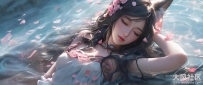 阿狸 闭眼 兽耳 花瓣 水 3440x1440带鱼屏壁纸